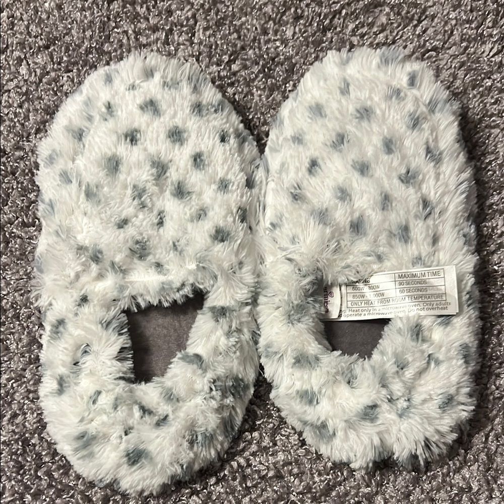 Gray and White Faux Fur Heating Pad Slippers